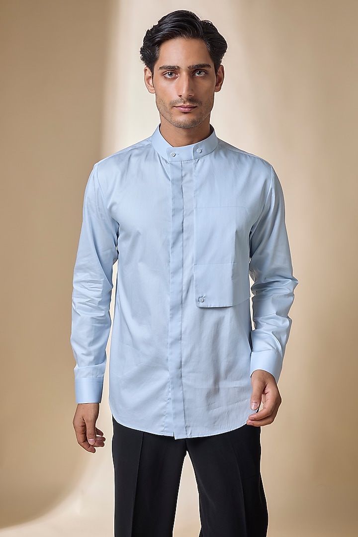 Snow Blue Cotton Satin Party Wear Shirt by Dhruv Vaish at Pernia's Pop Up Shop