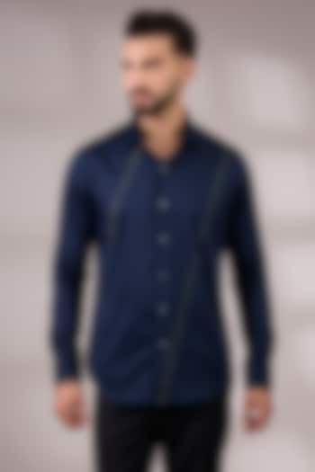 Navy Cotton Satin Party Wear Shirt by Dhruv Vaish at Pernia's Pop Up Shop