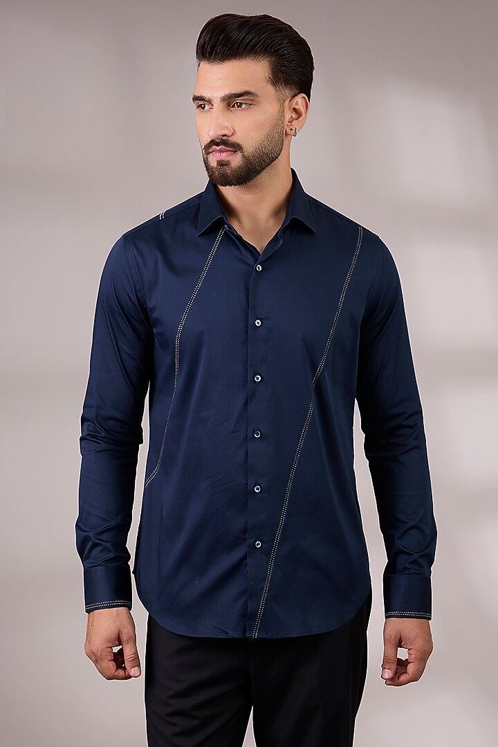 Navy Cotton Satin Party Wear Shirt by Dhruv Vaish at Pernia's Pop Up Shop