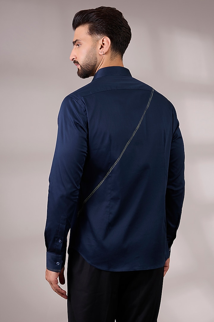 Navy Cotton Satin Party Wear Shirt by Dhruv Vaish at Pernia's Pop Up Shop