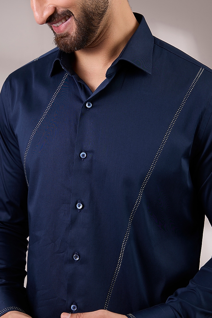Navy Cotton Satin Party Wear Shirt by Dhruv Vaish at Pernia's Pop Up Shop