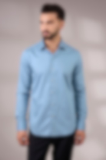 Blue Cotton Satin Party Wear Shirt by Dhruv Vaish at Pernia's Pop Up Shop