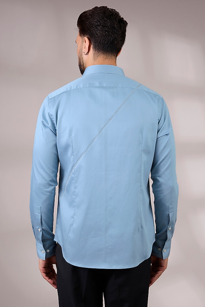 Blue Cotton Satin Party Wear Shirt by Dhruv Vaish at Pernia's Pop Up Shop