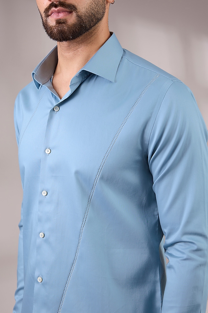 Blue Cotton Satin Party Wear Shirt by Dhruv Vaish at Pernia's Pop Up Shop