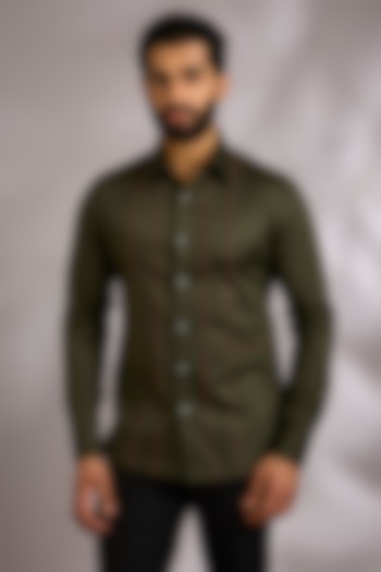 Olive Green Cotton Party Wear Shirt by Dhruv Vaish at Pernia's Pop Up Shop