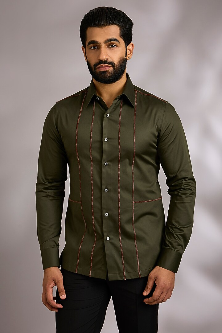 Olive Green Cotton Party Wear Shirt by Dhruv Vaish at Pernia's Pop Up Shop