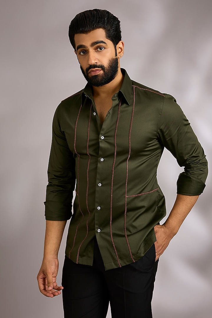 Olive Green Cotton Party Wear Shirt by Dhruv Vaish at Pernia's Pop Up Shop