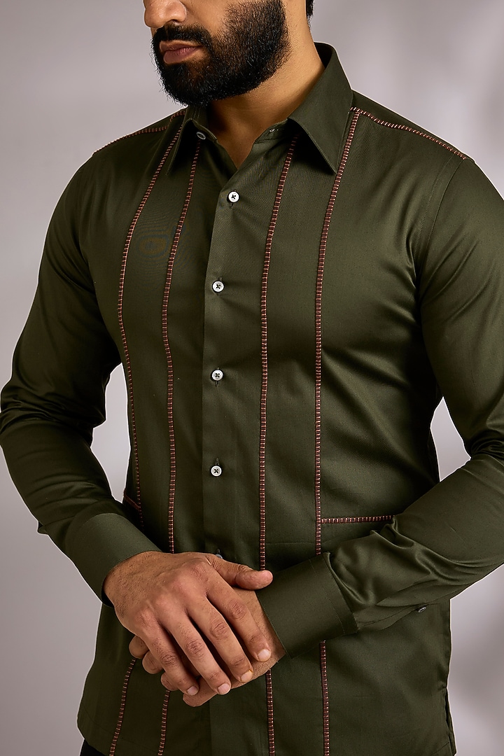 Olive Green Cotton Party Wear Shirt by Dhruv Vaish at Pernia's Pop Up Shop