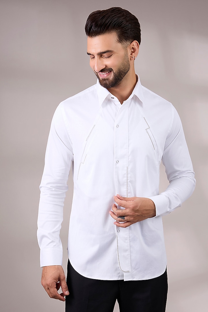 White Cotton Satin Party Wear Shirt by Dhruv Vaish at Pernia's Pop Up Shop