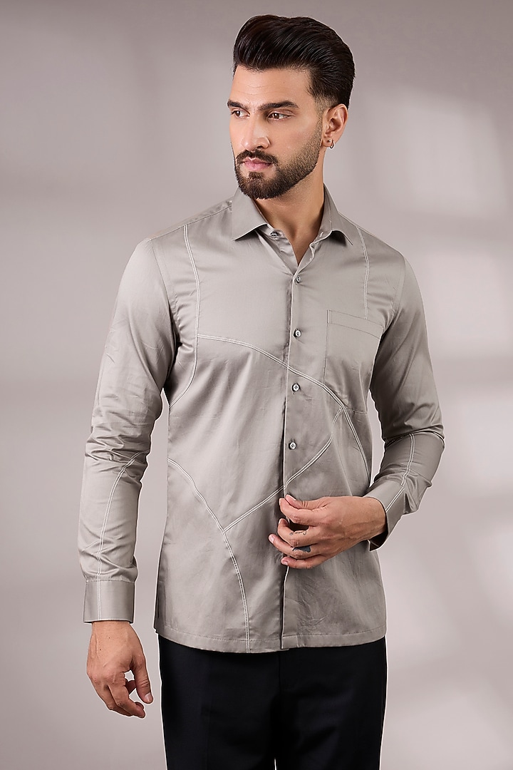 Mushroom-Colored Cotton Satin Party Wear Shirt by Dhruv Vaish at Pernia's Pop Up Shop