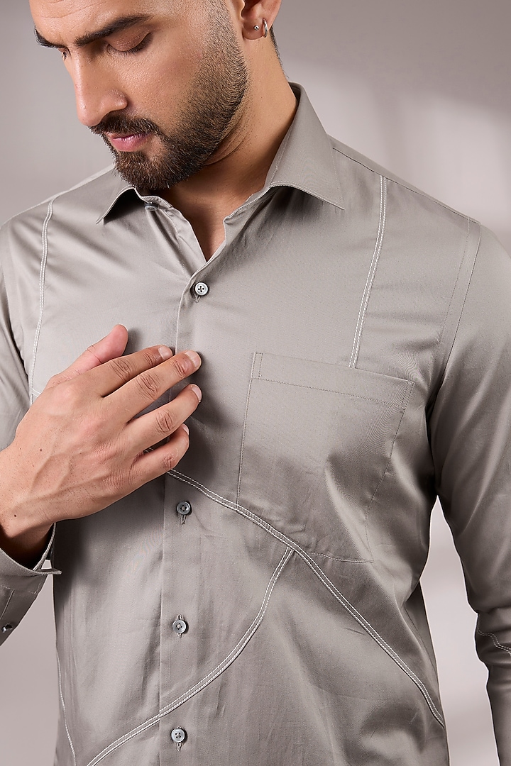 Mushroom-Colored Cotton Satin Party Wear Shirt by Dhruv Vaish at Pernia's Pop Up Shop
