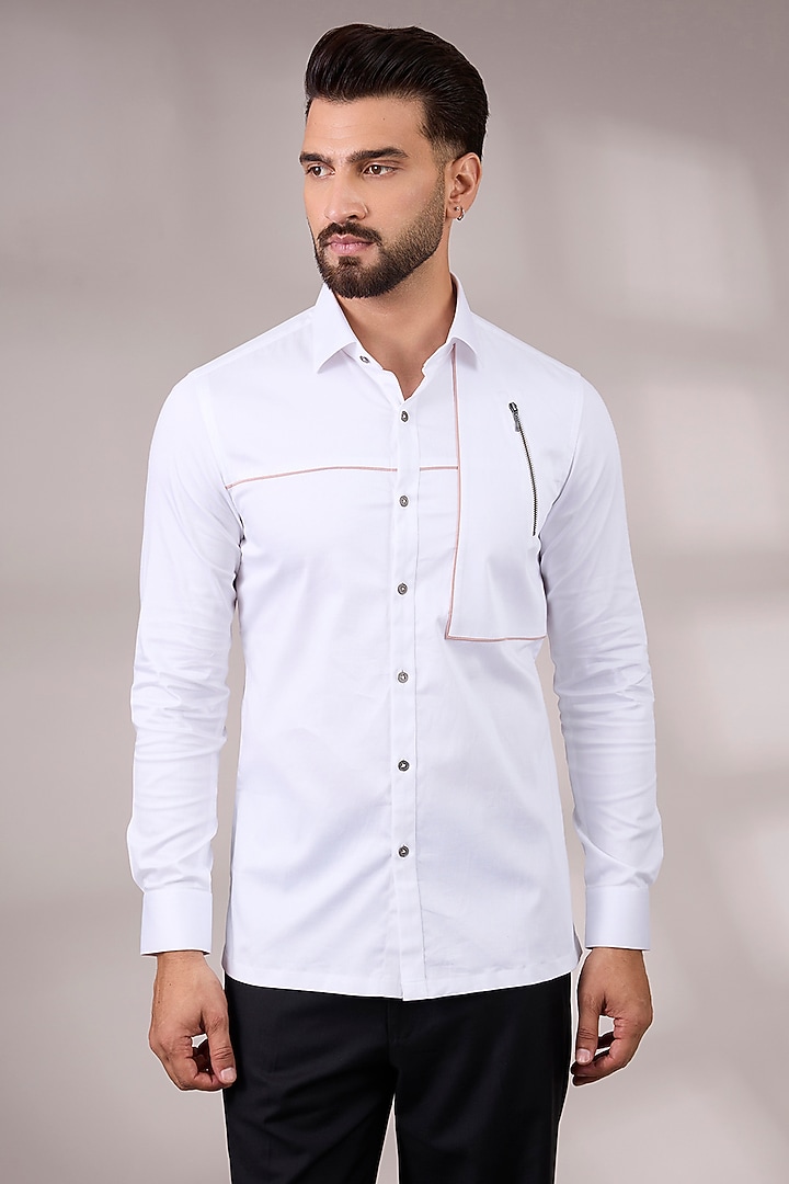 White Cotton Satin Party Wear Shirt by Dhruv Vaish at Pernia's Pop Up Shop