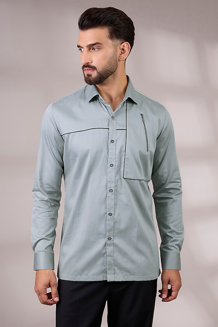 Silver Green Cotton Satin Party Wear Shirt by Dhruv Vaish at Pernia's Pop Up Shop