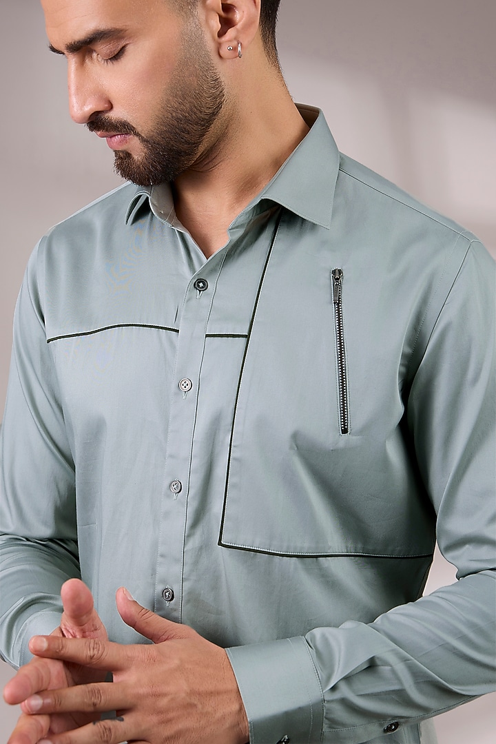 Silver Green Cotton Satin Party Wear Shirt by Dhruv Vaish at Pernia's Pop Up Shop