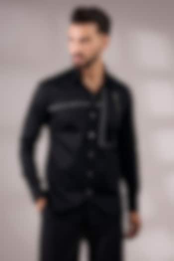 Black Cotton Satin Party Wear Shirt by Dhruv Vaish at Pernia's Pop Up Shop