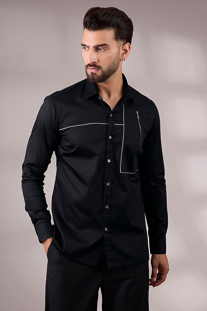 Black Cotton Satin Party Wear Shirt by Dhruv Vaish at Pernia's Pop Up Shop