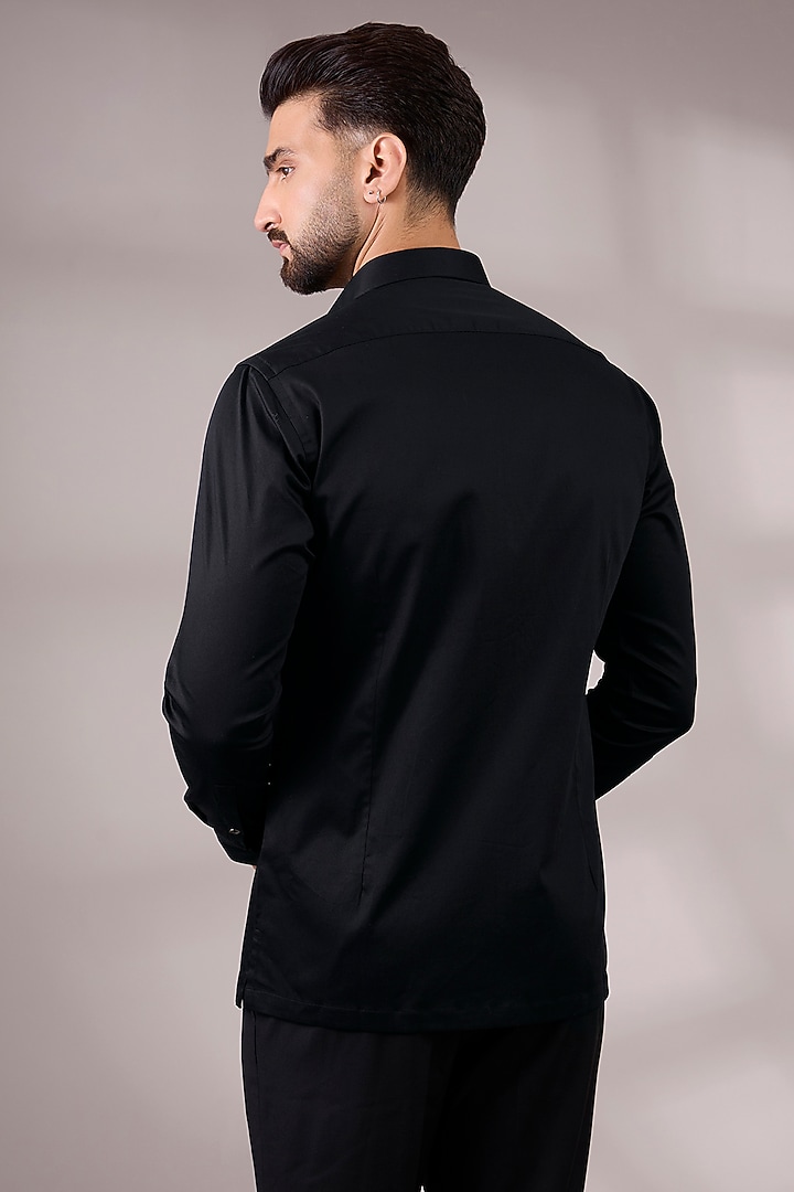 Black Cotton Satin Party Wear Shirt by Dhruv Vaish at Pernia's Pop Up Shop
