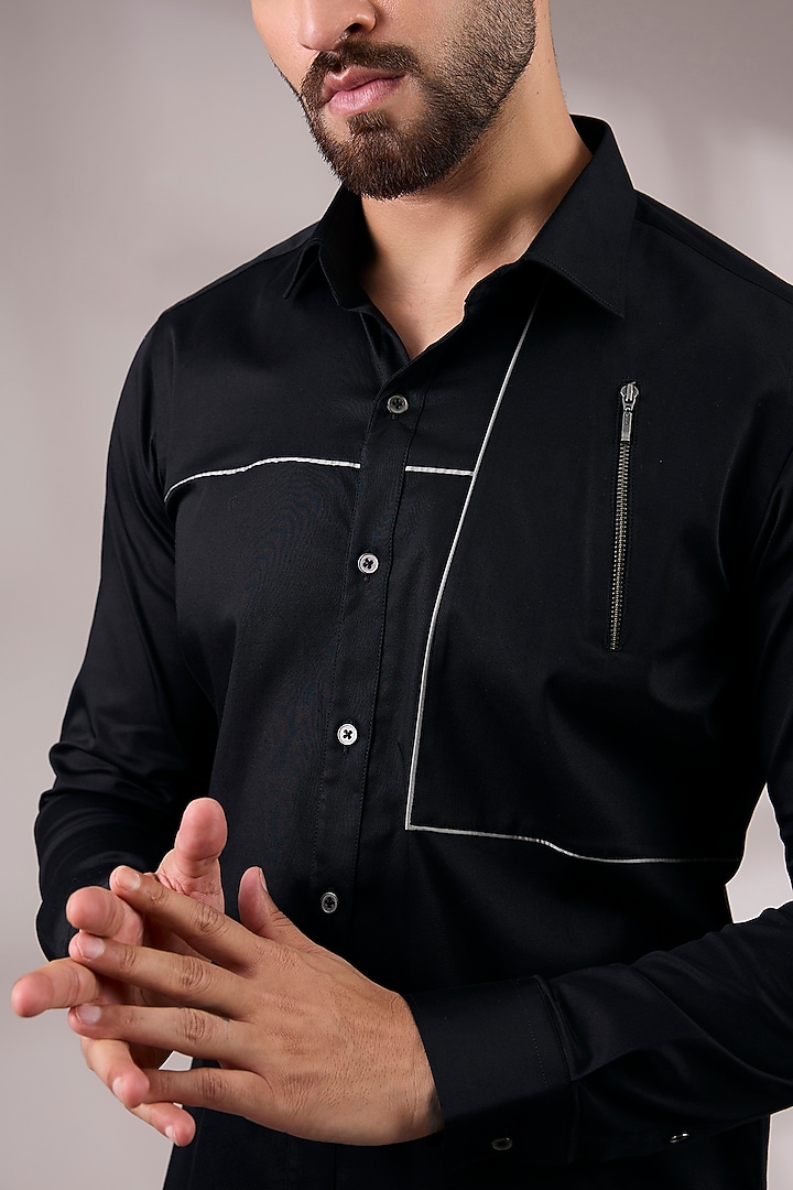 Black Cotton Satin Party Wear Shirt by Dhruv Vaish at Pernia's Pop Up Shop