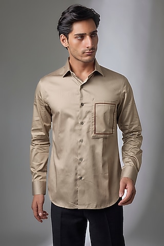 Mushroom-Colored Cotton Silk Shirt by Dhruv Vaish