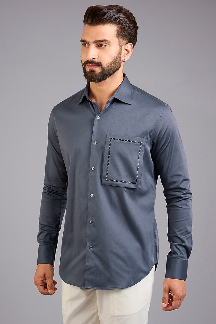 Slate Grey Cotton Silk Party Wear Shirt by Dhruv Vaish at Pernia's Pop Up Shop