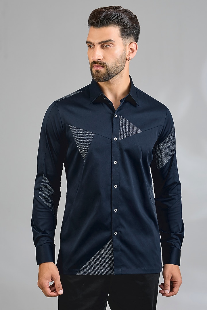 Navy Cotton Party Wear Shirt by Dhruv Vaish at Pernia's Pop Up Shop