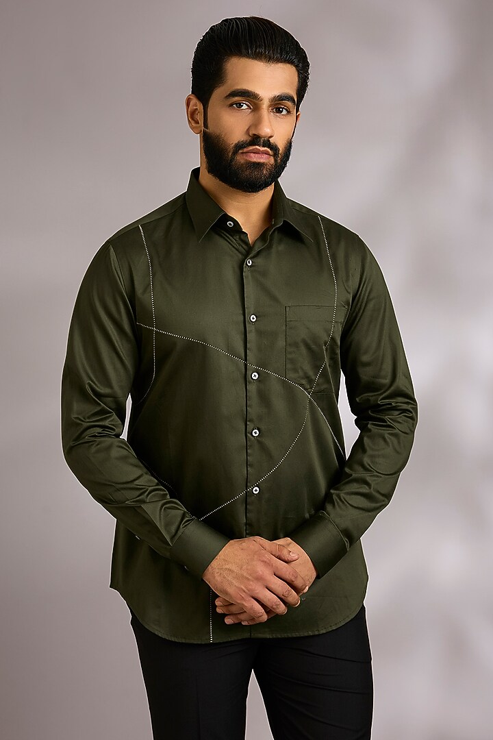 Olive Green Cotton Party Wear Shirt by Dhruv Vaish at Pernia's Pop Up Shop