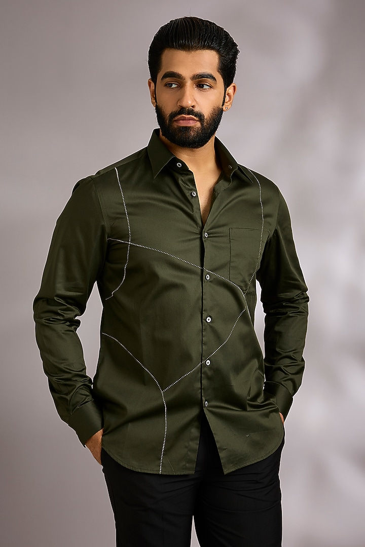Olive Green Cotton Party Wear Shirt by Dhruv Vaish at Pernia's Pop Up Shop