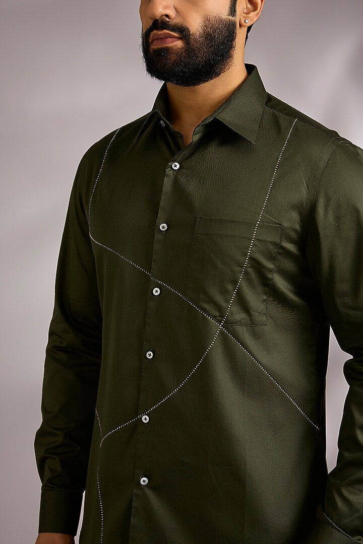 Olive Green Cotton Party Wear Shirt by Dhruv Vaish at Pernia's Pop Up Shop