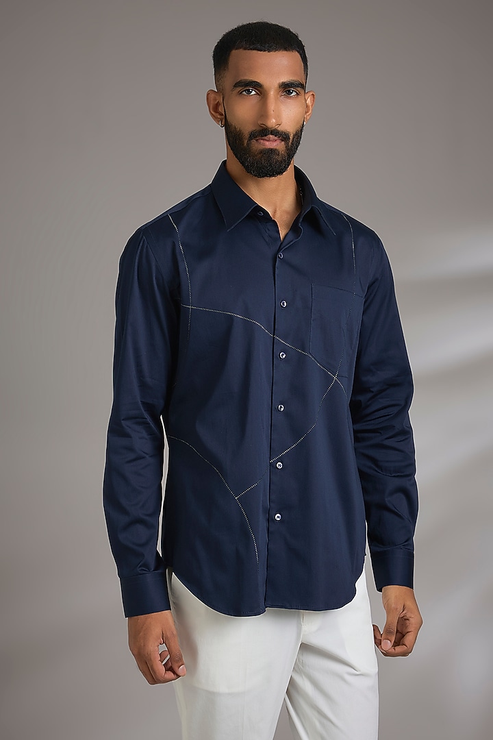 Navy Blue Cotton Party Wear Shirt by Dhruv Vaish at Pernia's Pop Up Shop