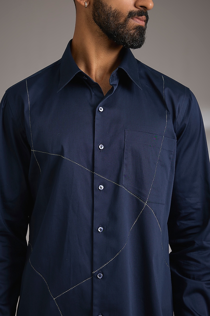 Navy Blue Cotton Party Wear Shirt by Dhruv Vaish at Pernia's Pop Up Shop