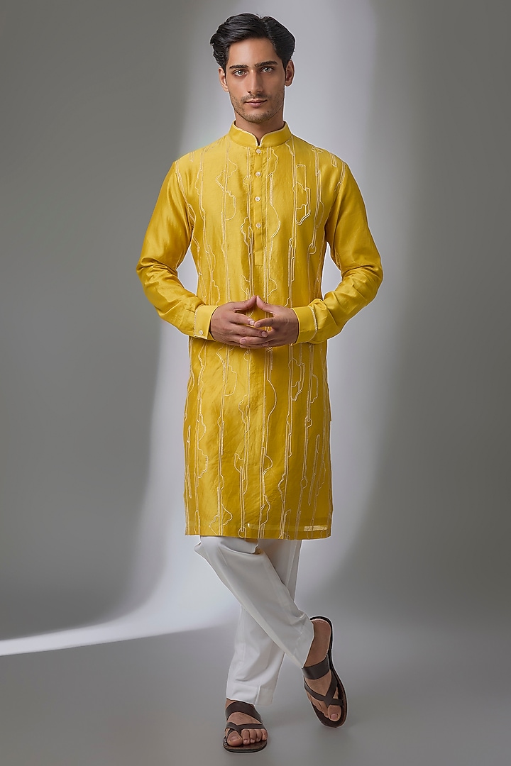 Marigold Yellow Silk Kurta Set by Dhruv Vaish at Pernia's Pop Up Shop
