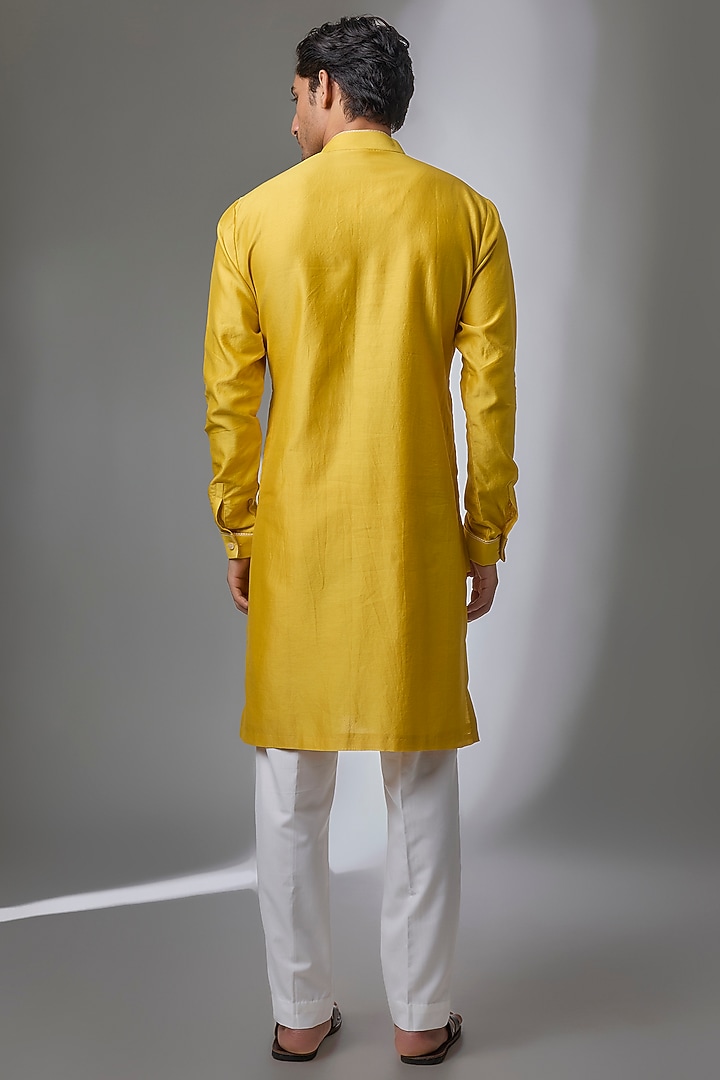 Marigold Yellow Silk Kurta Set by Dhruv Vaish at Pernia's Pop Up Shop