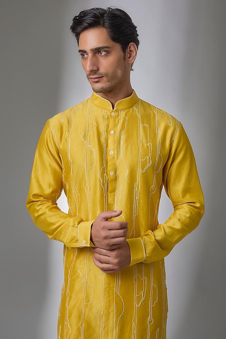 Marigold Yellow Silk Kurta Set by Dhruv Vaish at Pernia's Pop Up Shop