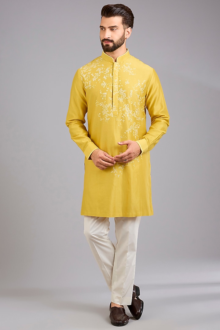 Marigold Silk Kurta Set by Dhruv Vaish at Pernia's Pop Up Shop