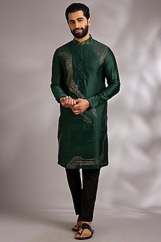 Bottle Green Silk Kurta Set by Dhruv Vaish