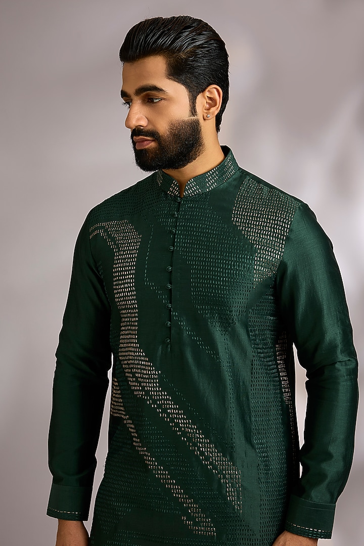 Bottle Green Silk Kurta Set by Dhruv Vaish at Pernia's Pop Up Shop