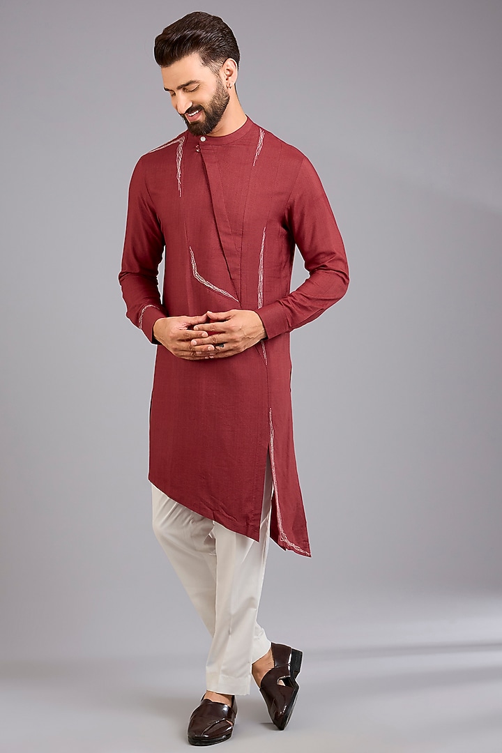 Earthy Red Silk Kurta Set by Dhruv Vaish at Pernia's Pop Up Shop