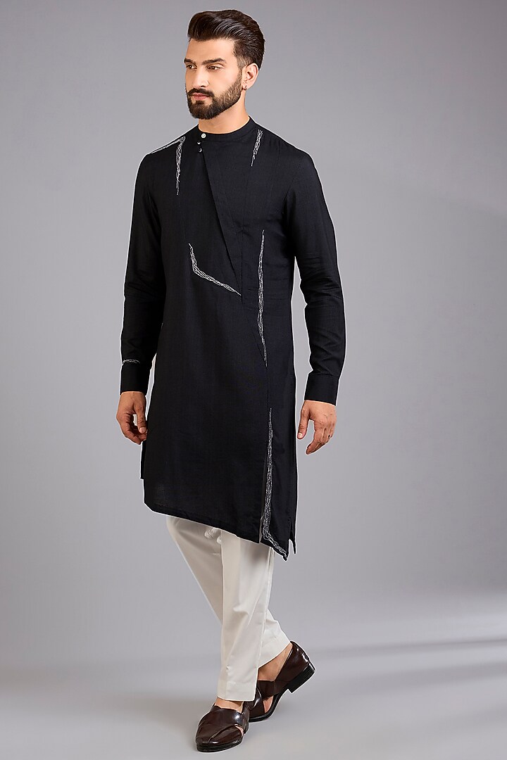 Black Silk Kurta Set by Dhruv Vaish at Pernia's Pop Up Shop