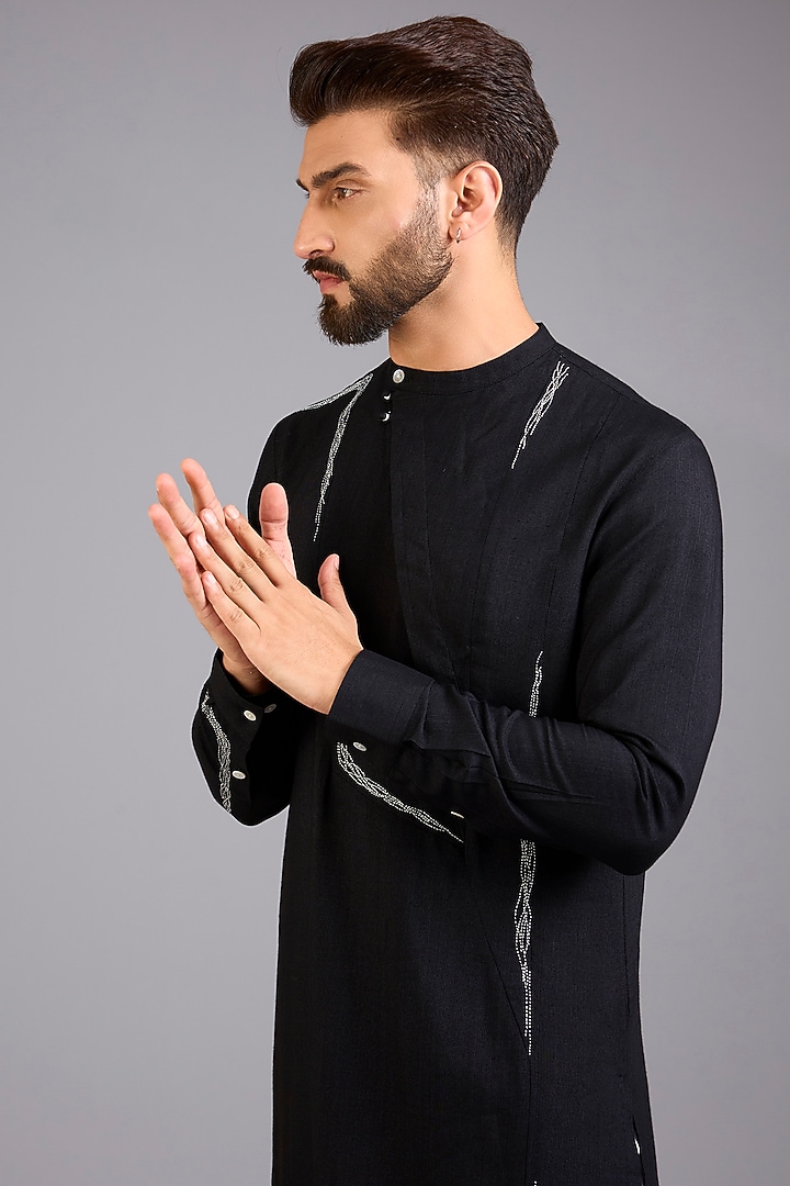 Black Silk Kurta Set by Dhruv Vaish at Pernia's Pop Up Shop
