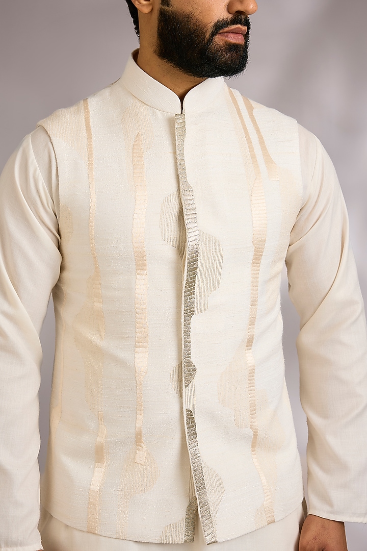 Ivory Silk Bundi Jacket by Dhruv Vaish at Pernia's Pop Up Shop