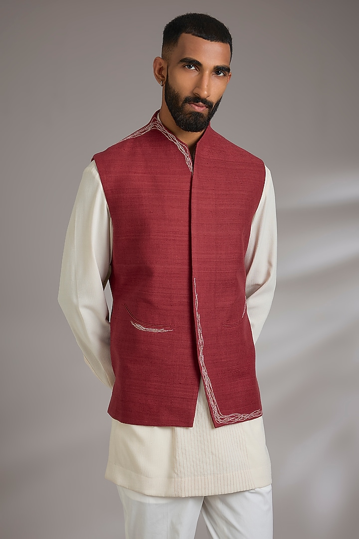 Earthy Red Silk Bundi Jacket  by Dhruv Vaish at Pernia's Pop Up Shop