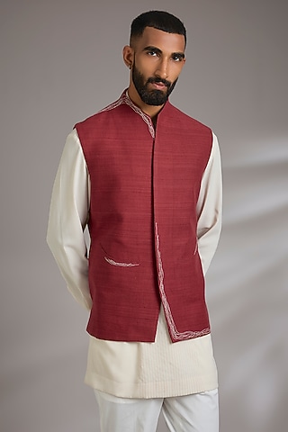 Earthy Red Silk Bundi Jacket  by Dhruv Vaish