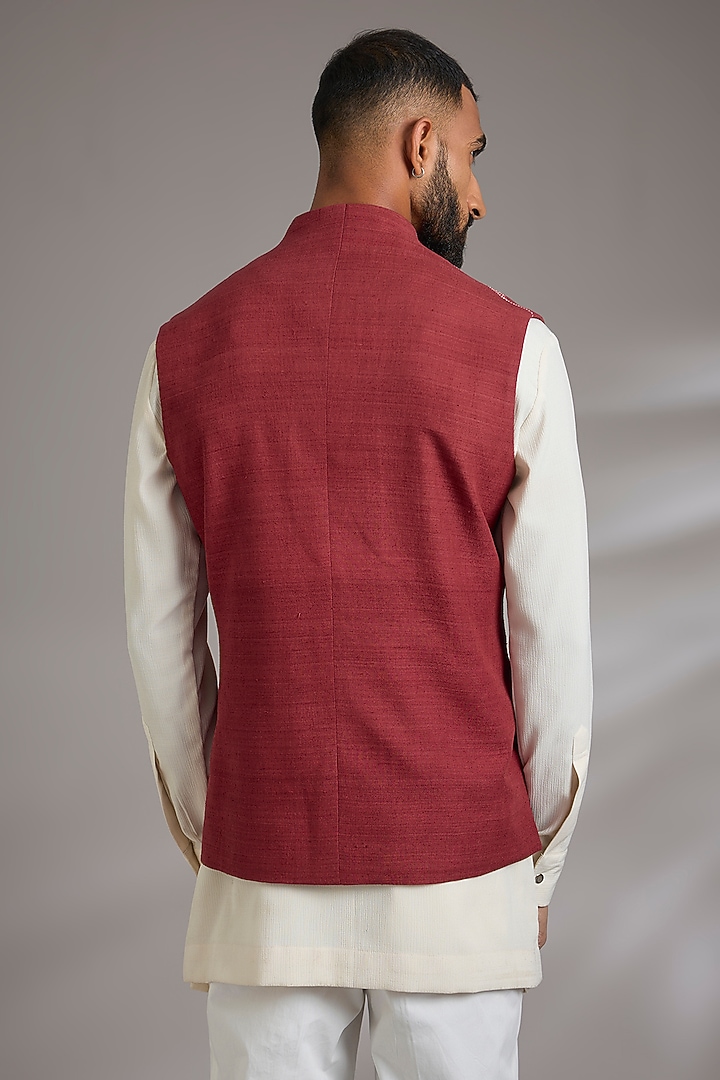 Earthy Red Silk Bundi Jacket  by Dhruv Vaish at Pernia's Pop Up Shop