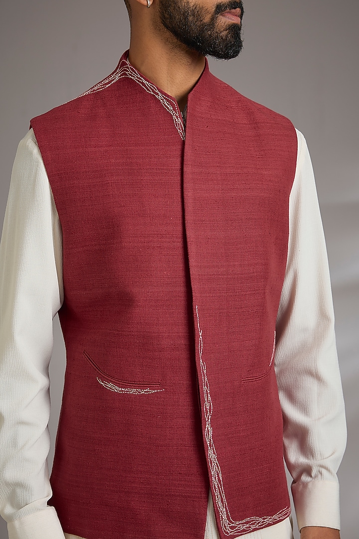 Earthy Red Silk Bundi Jacket  by Dhruv Vaish at Pernia's Pop Up Shop