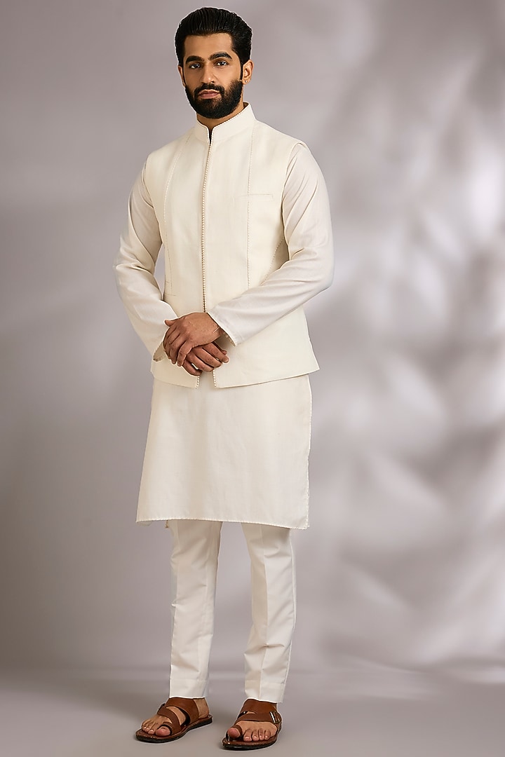 Ivory Silk Bundi Jacket by Dhruv Vaish at Pernia's Pop Up Shop