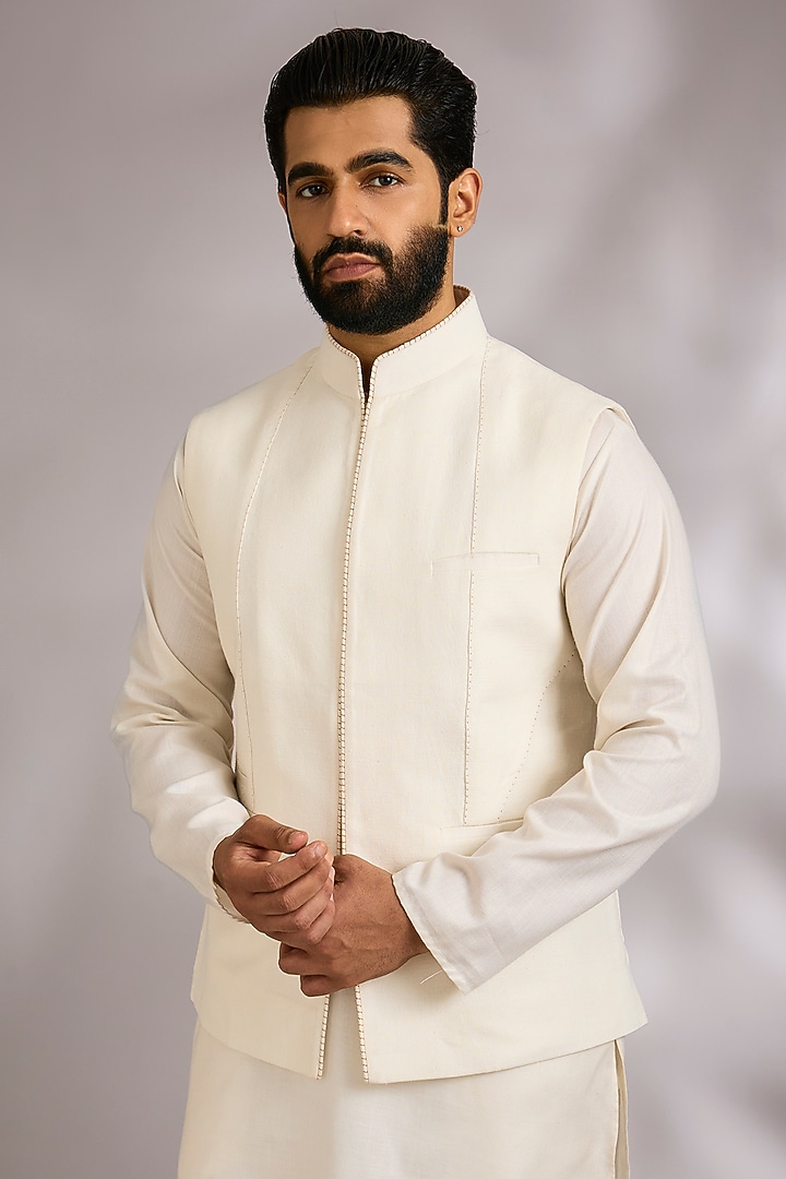 Ivory Silk Bundi Jacket by Dhruv Vaish at Pernia's Pop Up Shop
