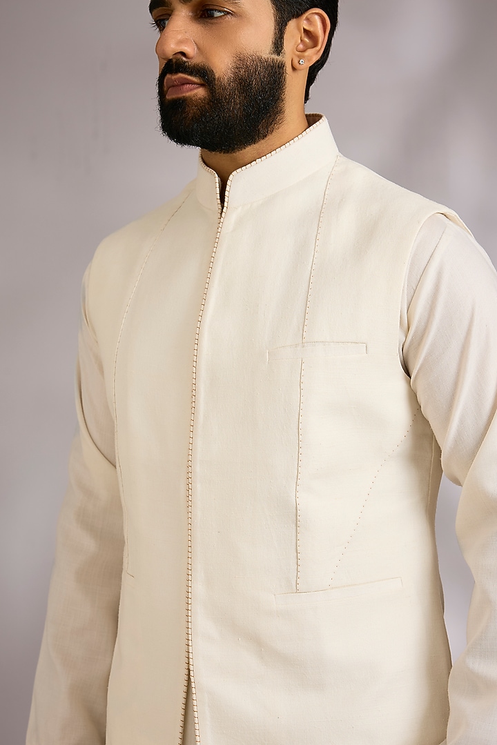 Ivory Silk Bundi Jacket by Dhruv Vaish at Pernia's Pop Up Shop