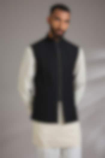 Black Silk Bundi Jacket by Dhruv Vaish at Pernia's Pop Up Shop
