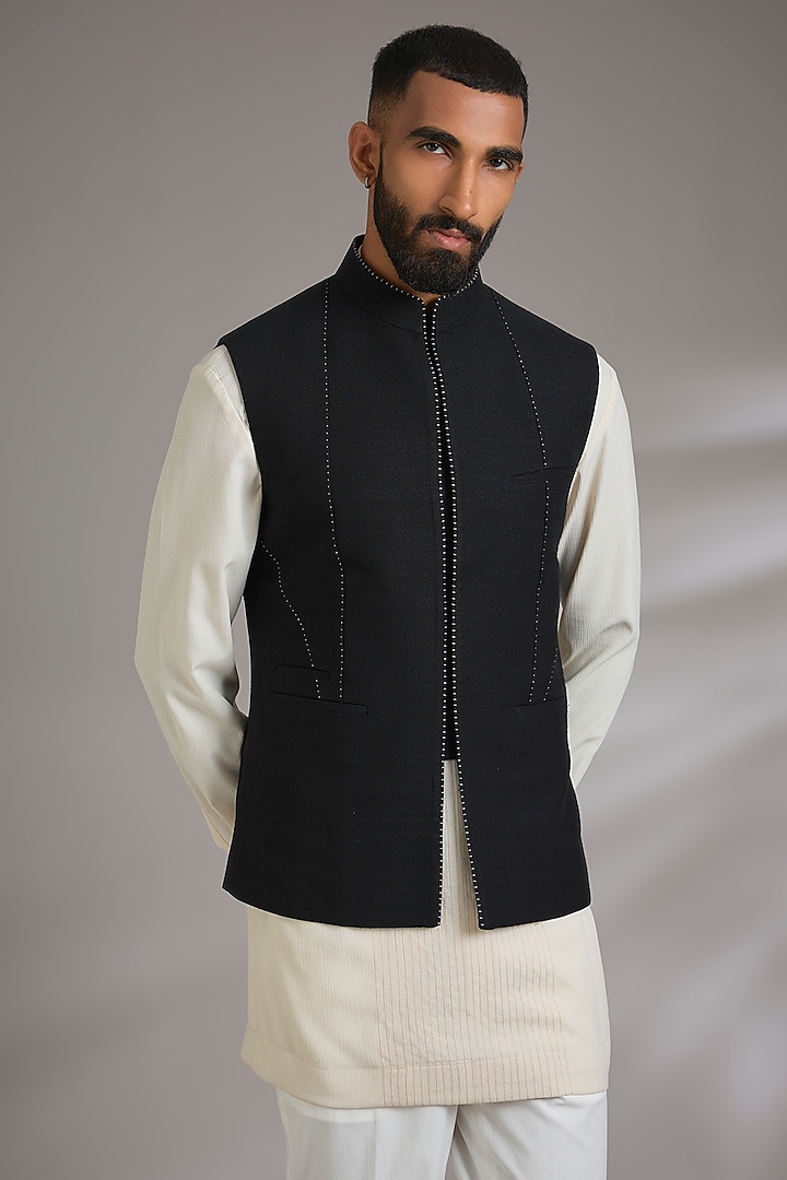 Black Silk Bundi Jacket by Dhruv Vaish at Pernia's Pop Up Shop