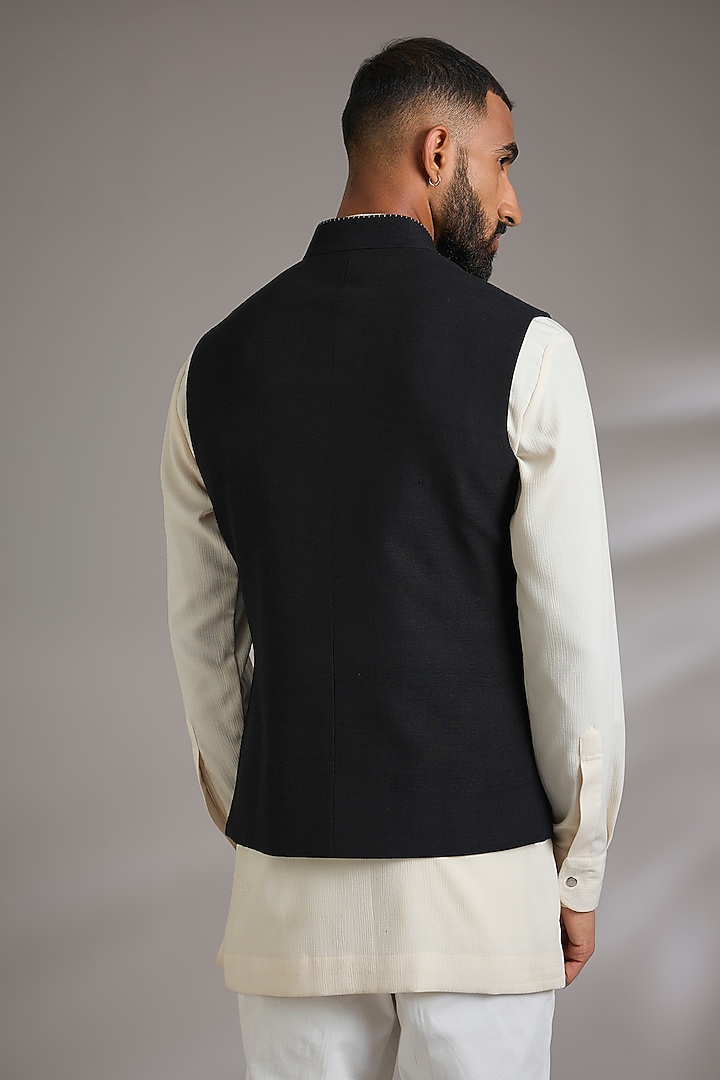 Black Silk Bundi Jacket by Dhruv Vaish at Pernia's Pop Up Shop